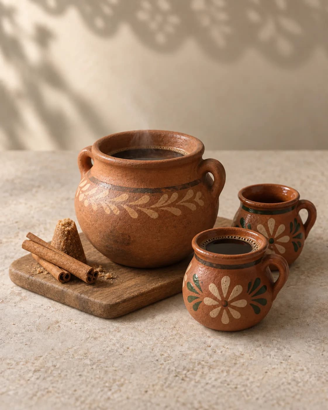 A terracotta clay olla with a wisp of steam on a wooden board with cinnamon sticks and a cone of piloncillo, two small hand-painted jarritos beside it, one filled with dark coffee.
