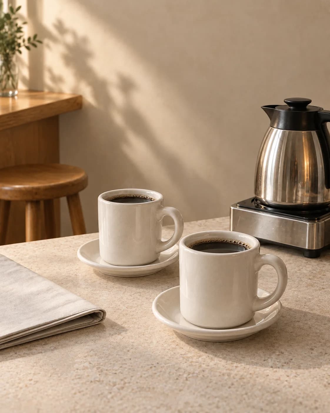 Two thick white diner mugs of black coffee on saucers at a stone counter, a stainless coffee pot kept warm on a burner behind them, a folded newspaper and a wooden stool pulled close.