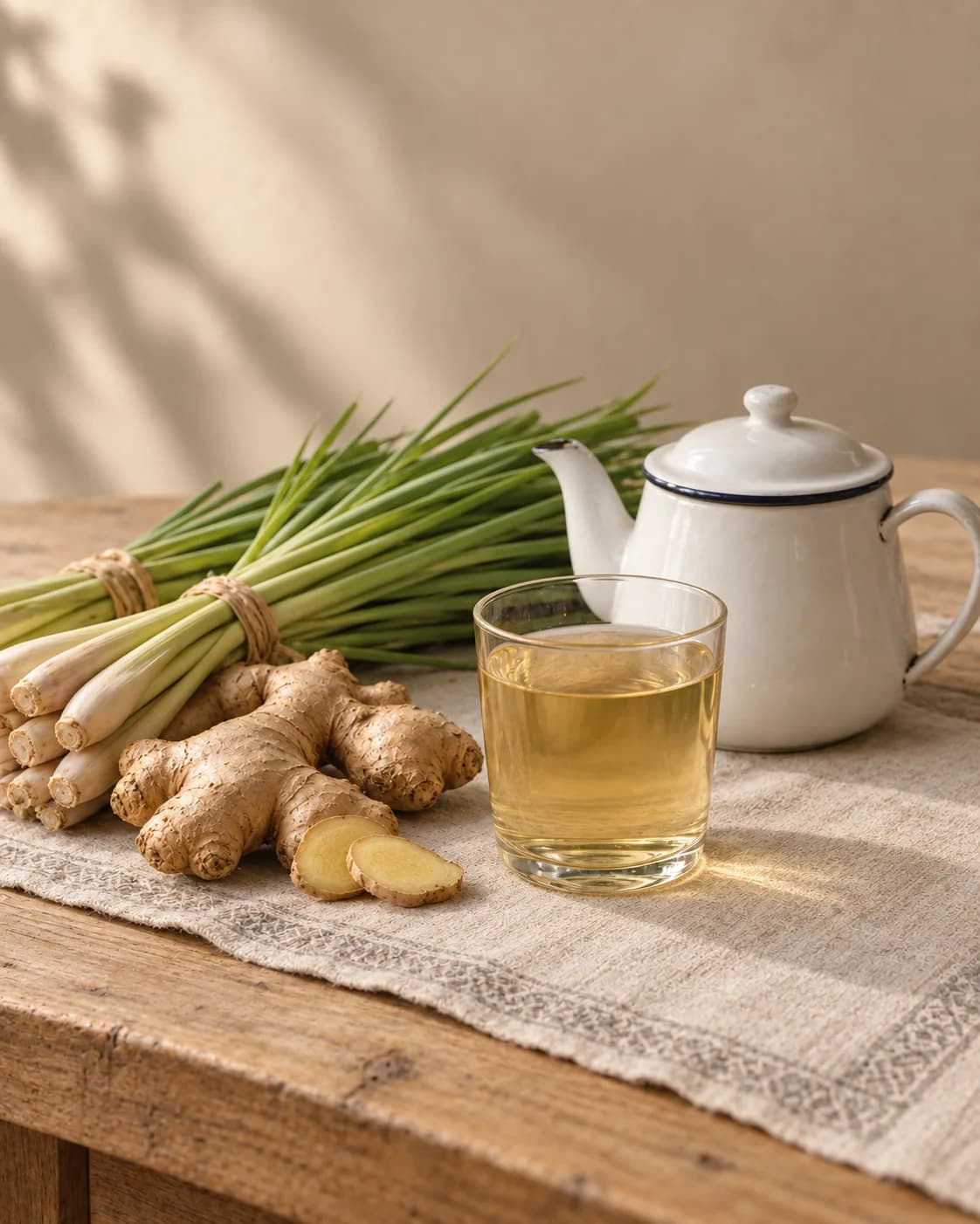 Tied bundles of fresh lemongrass and knobs of ginger on a wooden table beside a white enamel teapot and a glass of pale golden tea, a woven border along the cloth beneath.