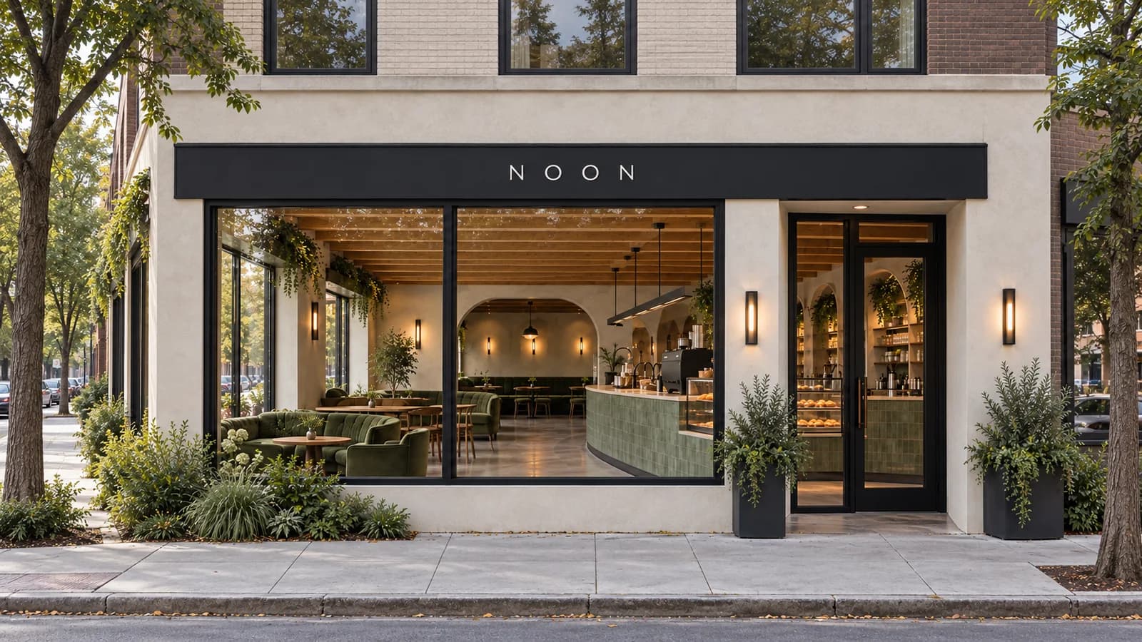 A warm plaster corner storefront with tall black-framed windows, a black fascia lettered NOON, and the oak-and-sage room glowing inside.