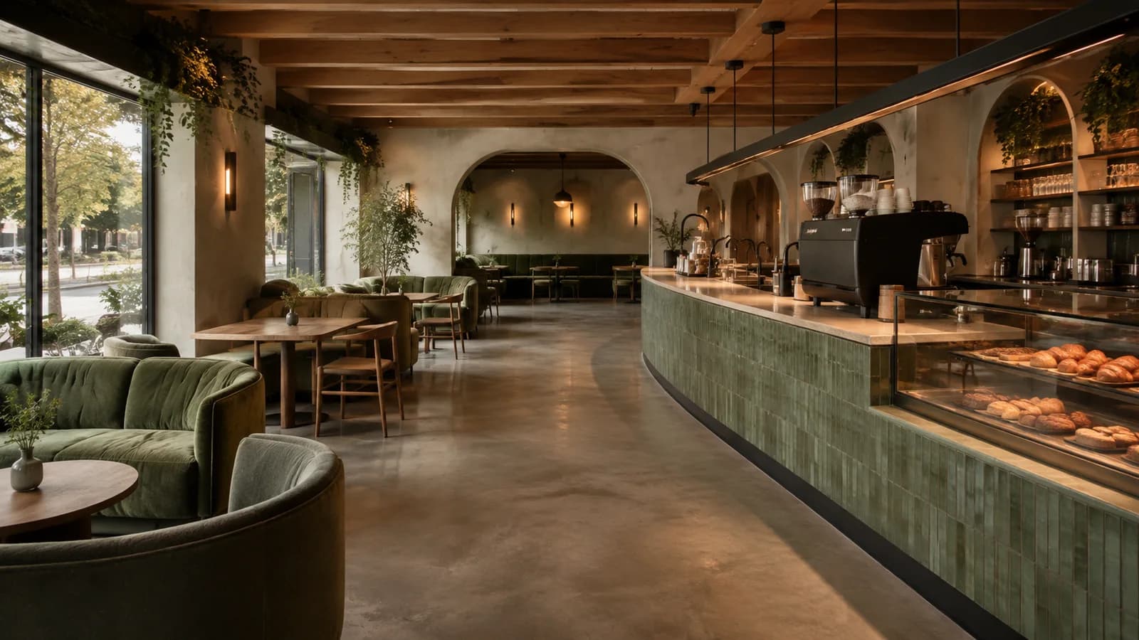 Inside the room: oak beams overhead, a curved sage-tiled counter on the right, green velvet lounge along the windows, and a semicircular plaster arch at the back.
