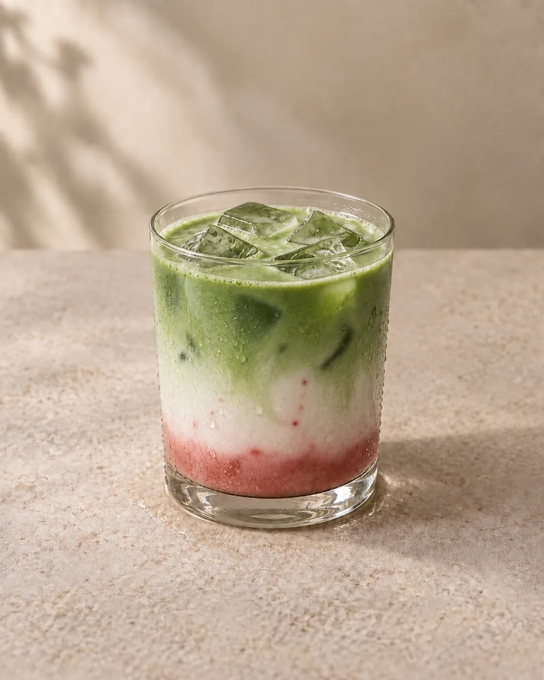 A layered iced drink in a glass tumbler: strawberry at the base, milk, then green matcha over ice.