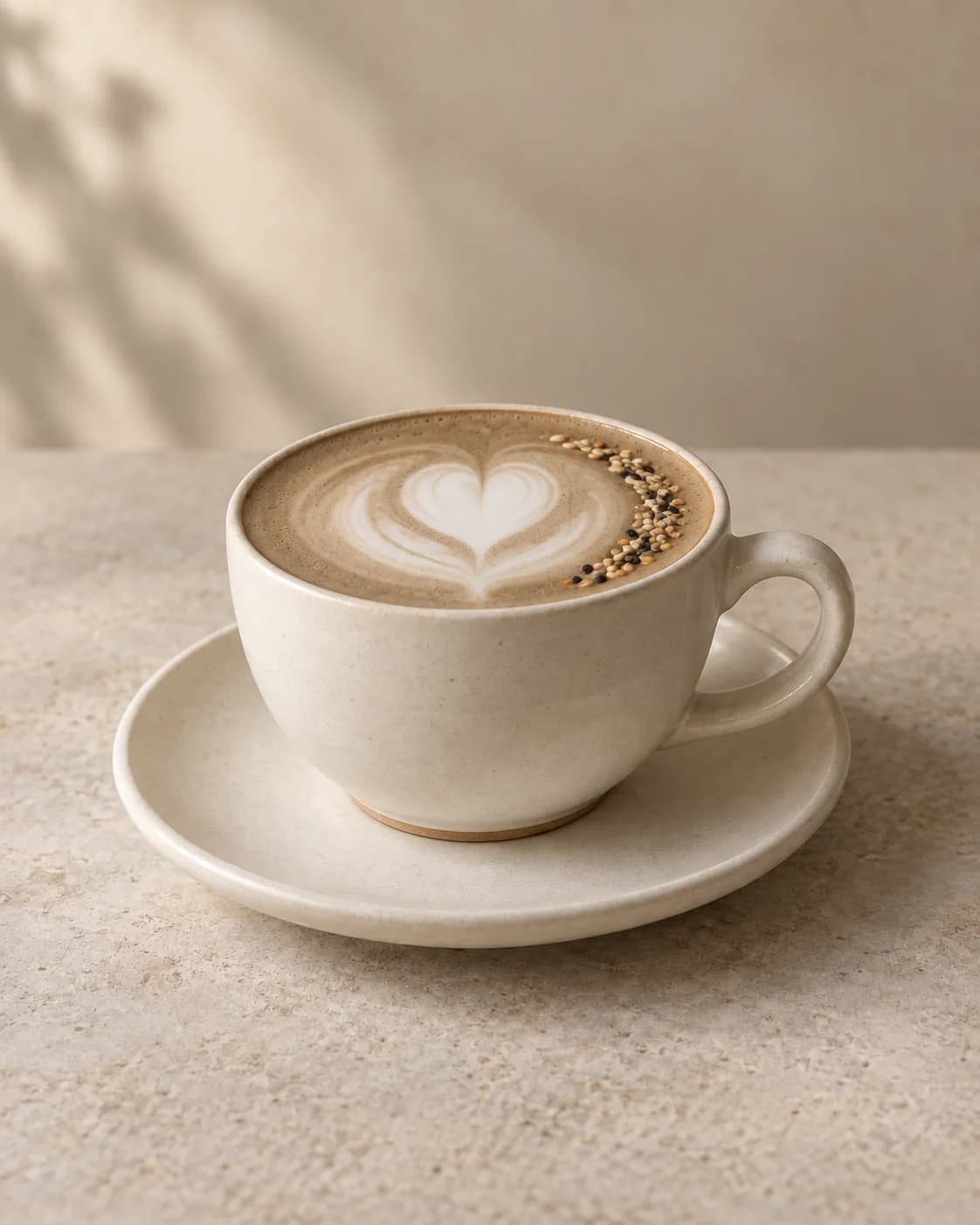A latte in an ivory cup with a heart of microfoam and a crescent of toasted sesame seeds at the rim.