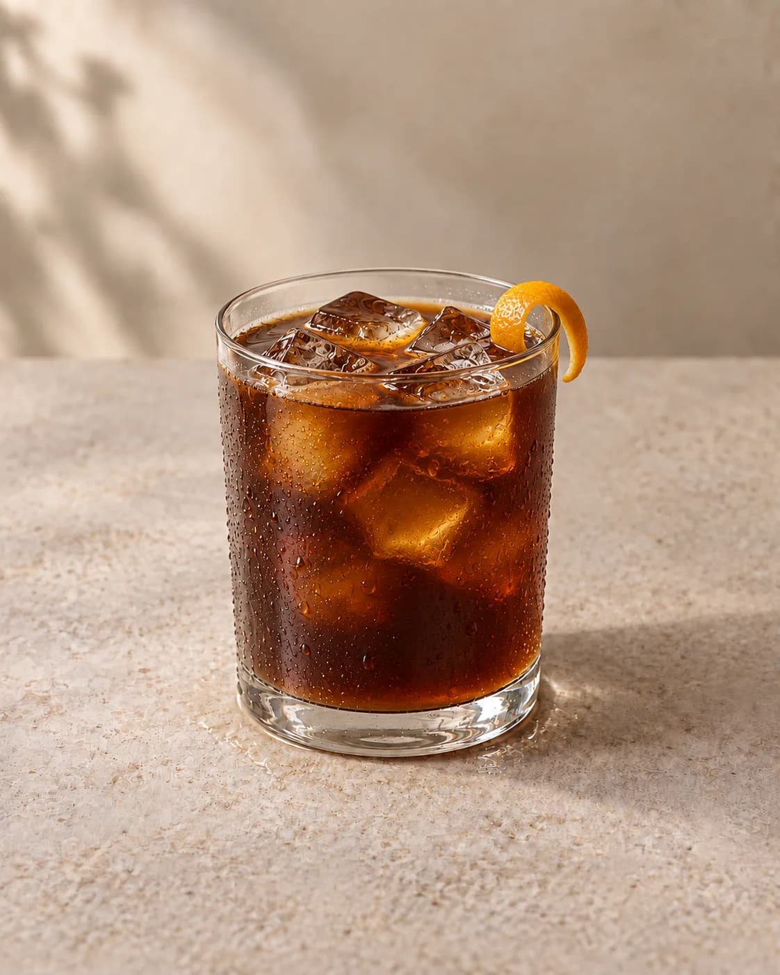 Amber cold brew over ice in a straight glass tumbler, an orange peel curled at the rim.